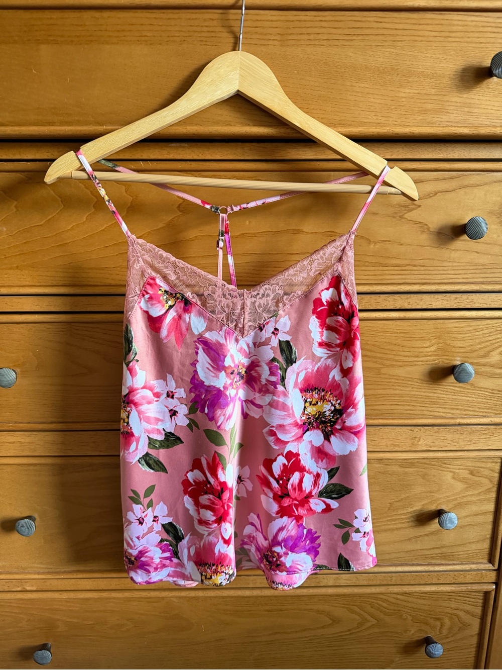 Cami Top Womens Small Pink Floral Satin Lace Trim Tank Babydoll Coquette Fairy